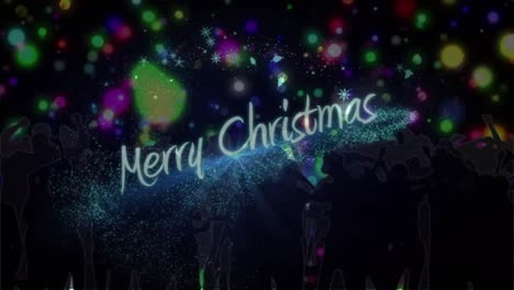 animation of merry christmas text banner and silhouettes of people dancing against spots of light
