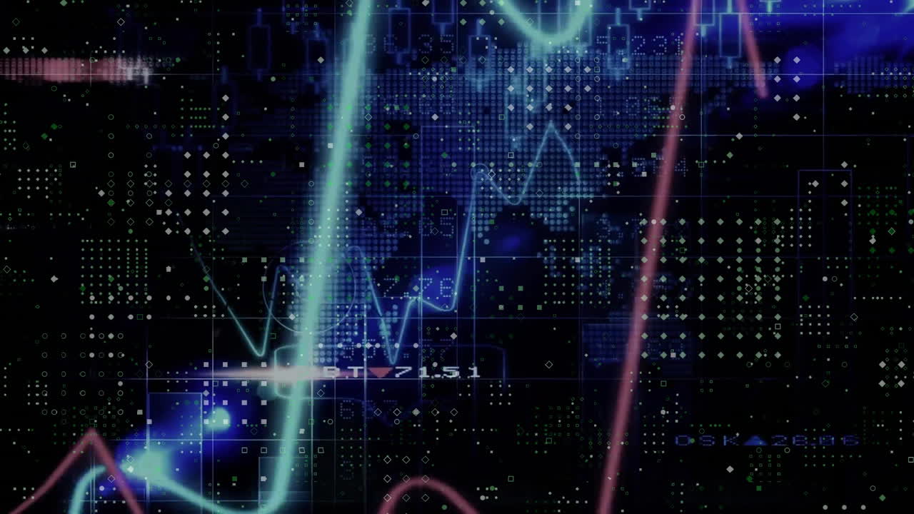 animación del procesamiento de datos financieros sobre el mapa del mundo sobre un fondo oscuro