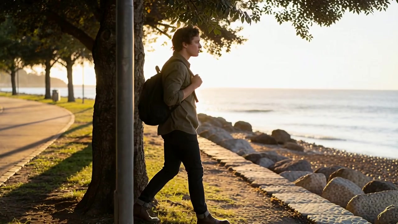 Walking traveler with black backpack passing seaside path, sun glancing causing sea gaze