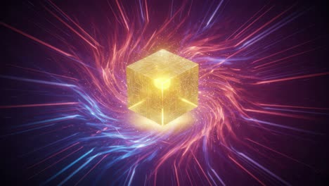 a mesmerizing cubic energy source radiating bright light amidst a dynamic cosmic background of swirling colors and energetic particles