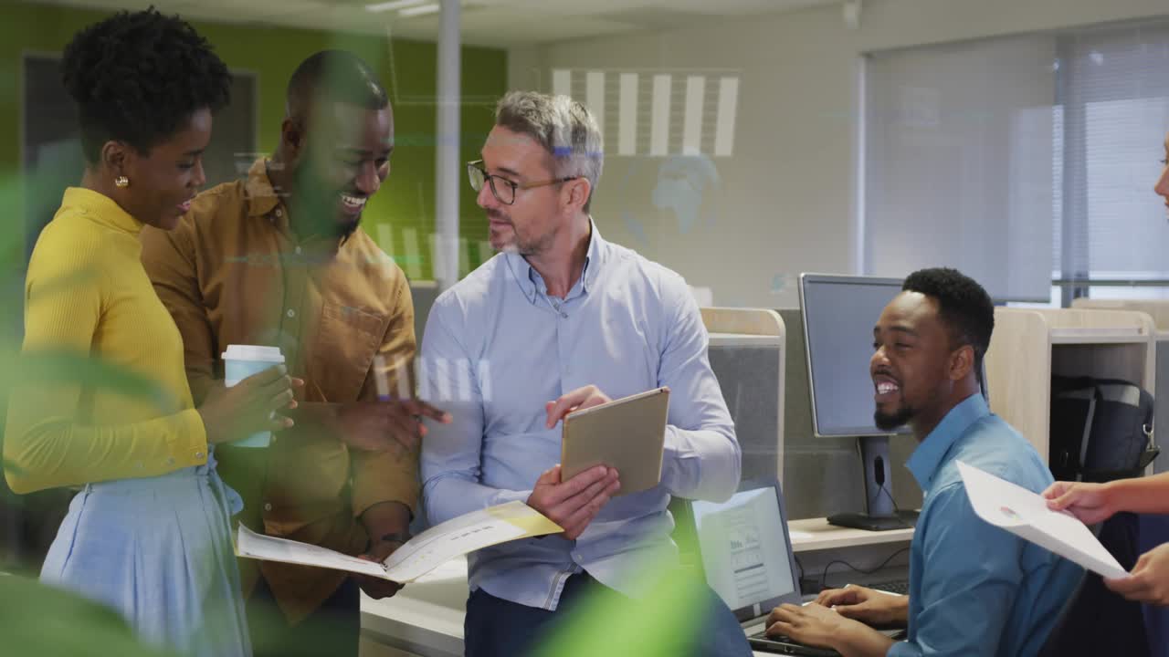 Team lead pointing tablet, group reviewing report in office, animated charts obscuring then fading