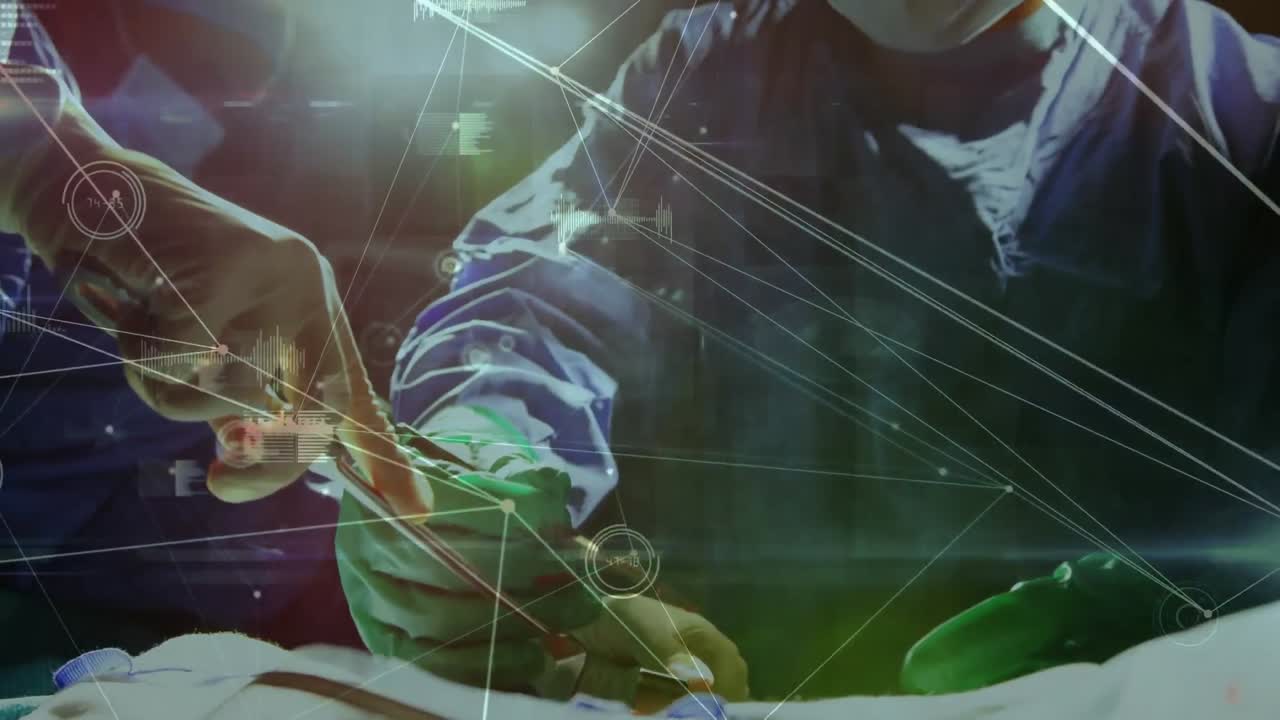 수술실에서 외과 의사들에 대한 연결 네트워크와 데이터 처리의 애니메이션