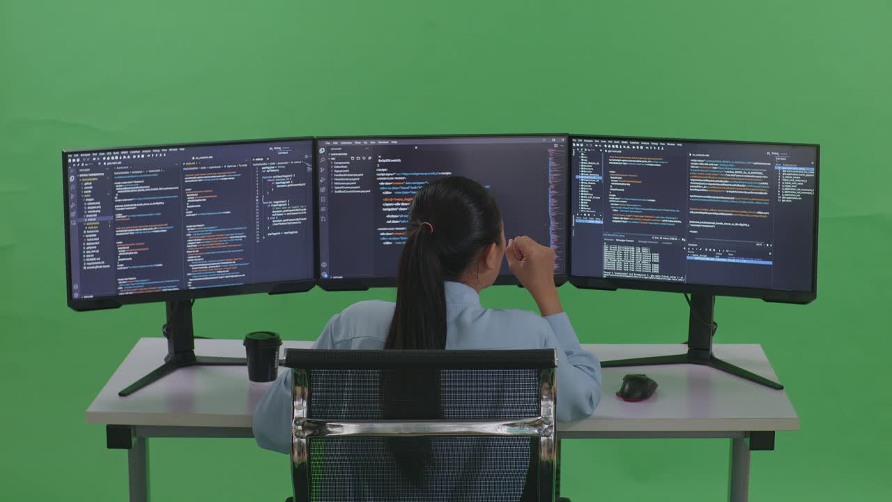 Back View Of Tired Asian Woman Developer Yawning Before Sleeping While Write Code With Multiple Computer Screens In Green Screen Studio