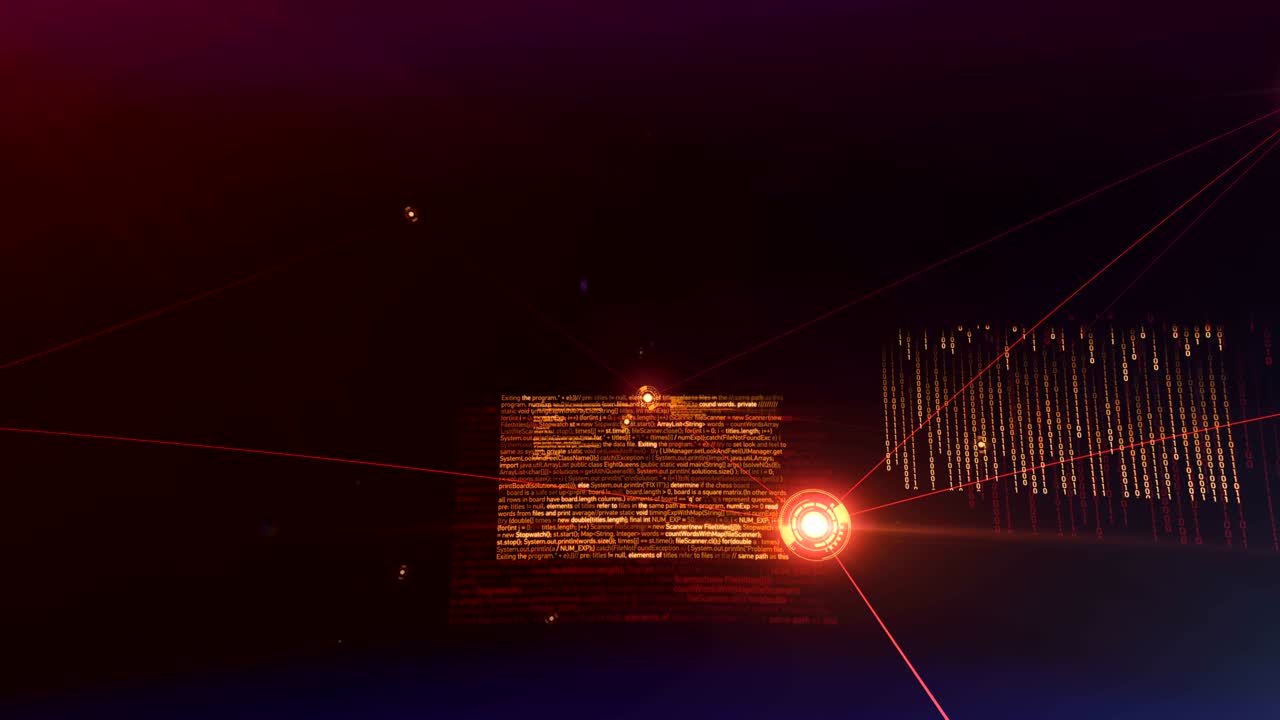 디지털 네트워크와 데이터 연결을 통해 점점 더 빨간색으로 날아가고 코드, 플래시 및 플레어와 함께 3d 애니메이션을 루프합니다.