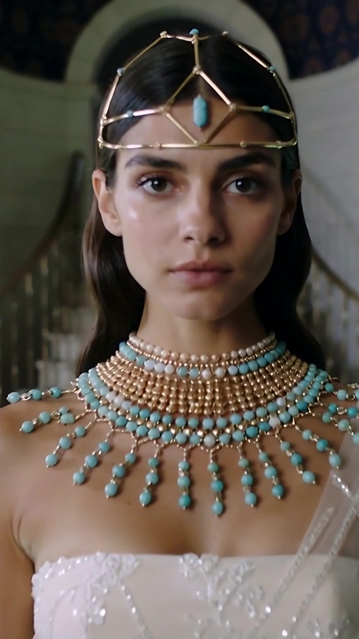 Video verticale: Telecamera che segue la modella mentre mantiene una posa ferma in una grande sala, mostrando un abito bianco con perline.