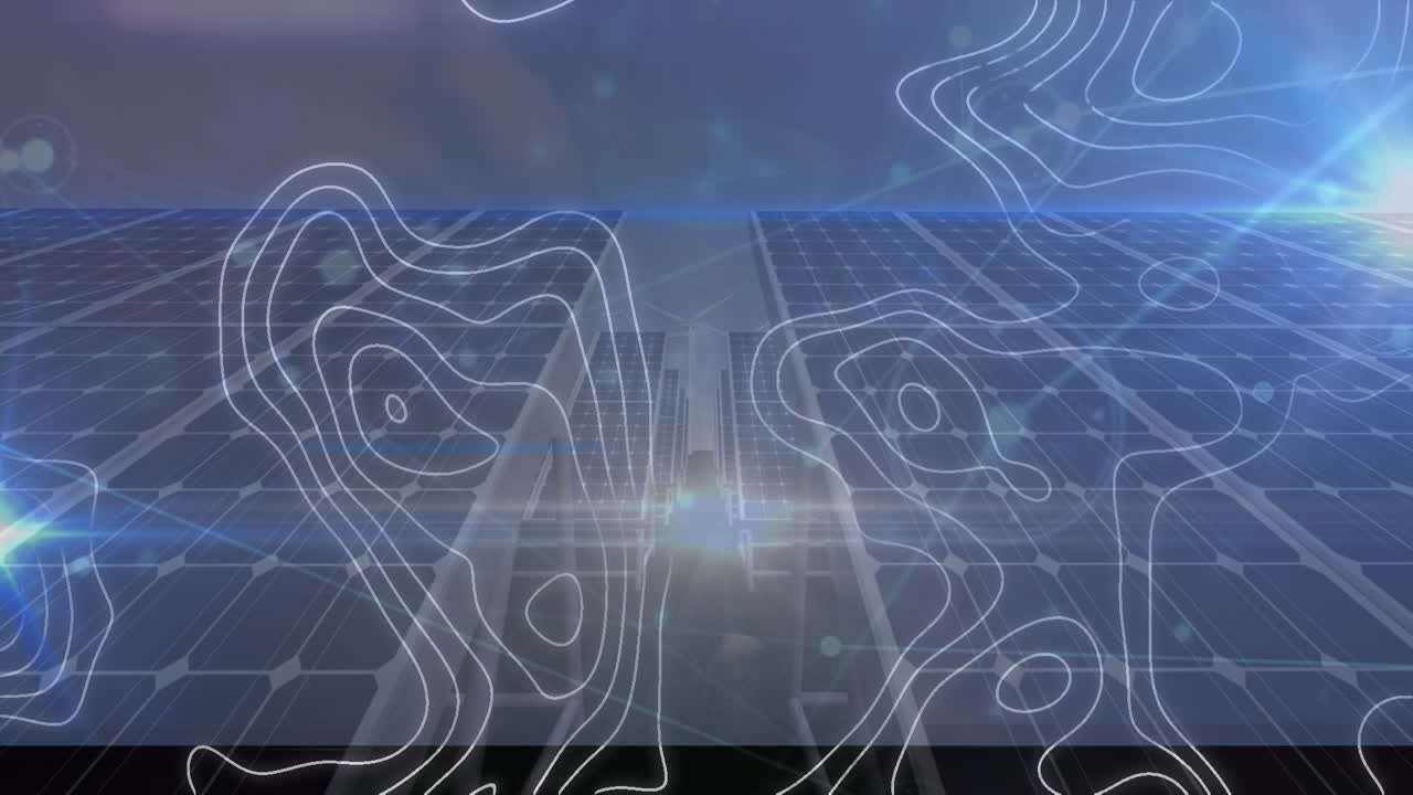 Animation of network of connections and white lines over solar panels and wind turbines