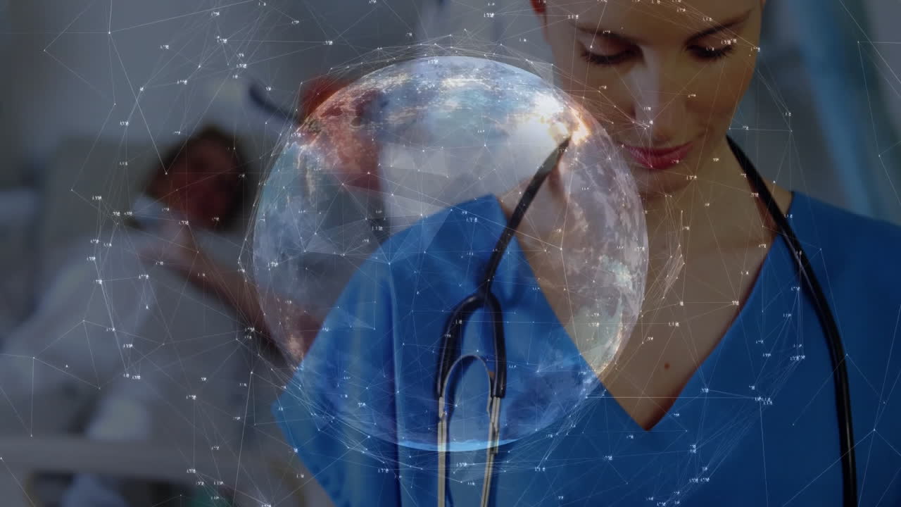 Female healthcare professional examining patient data in clinic, displaying digital globe overlay