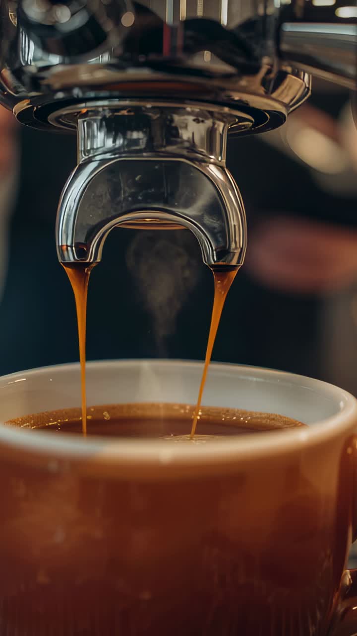 Vertical video: Shot starting group head spouts pouring espresso into cup at counter, crema forming