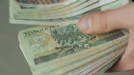 las manos de los hombres cuentan rápidamente los billetes. el hombre de negocios cuenta los billetes de zloty polaco en las manos.