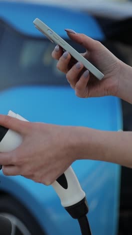 close-up of woman charging electric blue car at station. vertical video