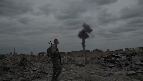 soldier in a war-torn city