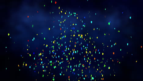animation of multi coloured confetti falling over glowing blue background