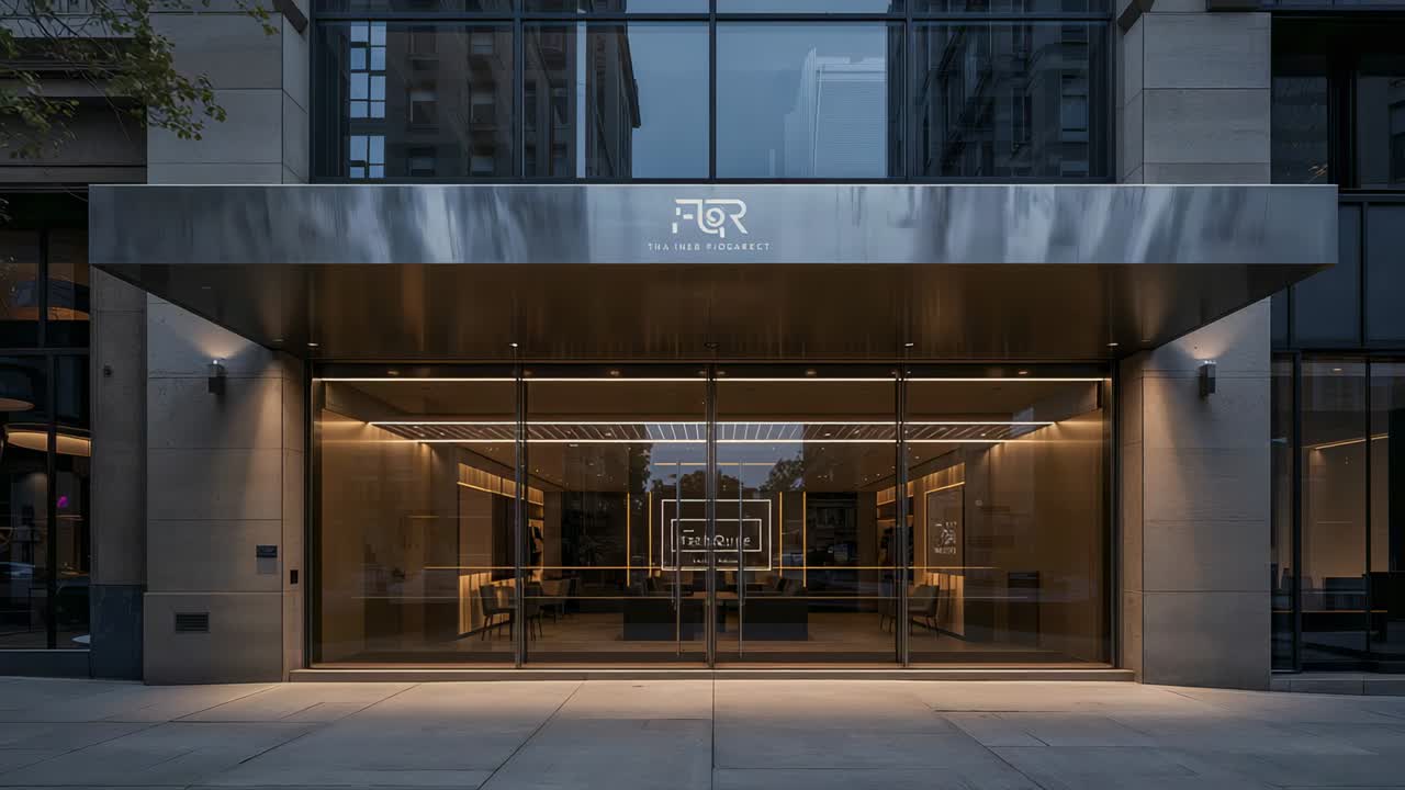 Stabilizing camera pulling back, revealing entrance on street, showing glass doors and lit lobby