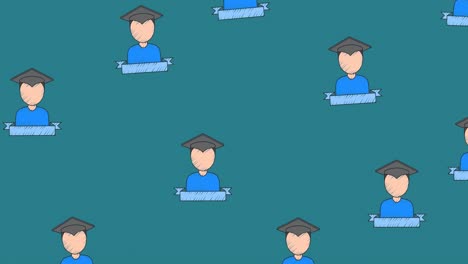animación de iconos de estudiantes repetidos que se mueven sobre un fondo azul medio