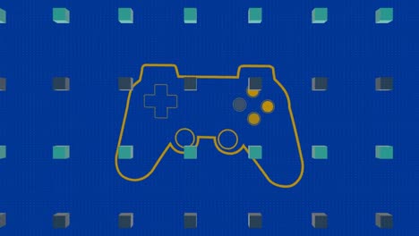 Animation-of-video-game-pad-over-cubes-moving-in-seamless-loop-on-blue-background