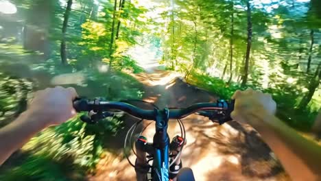 a person riding a bike down a dirt road in the woods