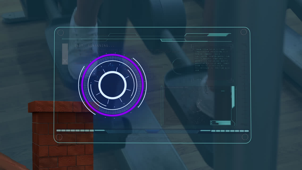 animación de pantalla digital con datos sobre las piernas de una mujer caucásica haciendo ejercicio en el gimnasio