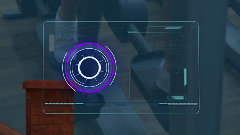 animación de pantalla digital con datos sobre las piernas de una mujer caucásica haciendo ejercicio en el gimnasio