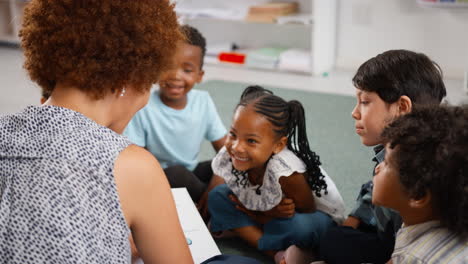 Eine-Lehrerin-Liest-Multikulturellen-Grundschülern-Vor,-Die-Im-Unterricht-Auf-Dem-Boden-Sitzen