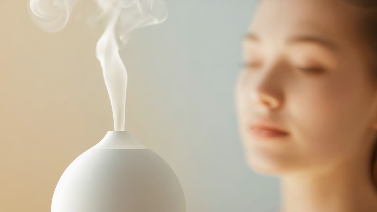 Noticing rising vapor, adult Asian woman turning toward diffuser at home, inhaling scent, smiling