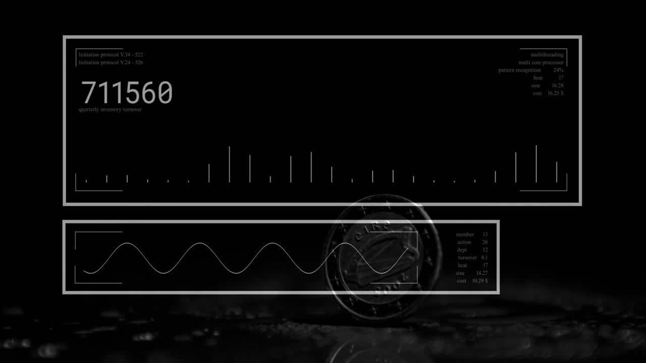Small nudge launching coin, tilting spinning to center while overlays updating for telemetry data