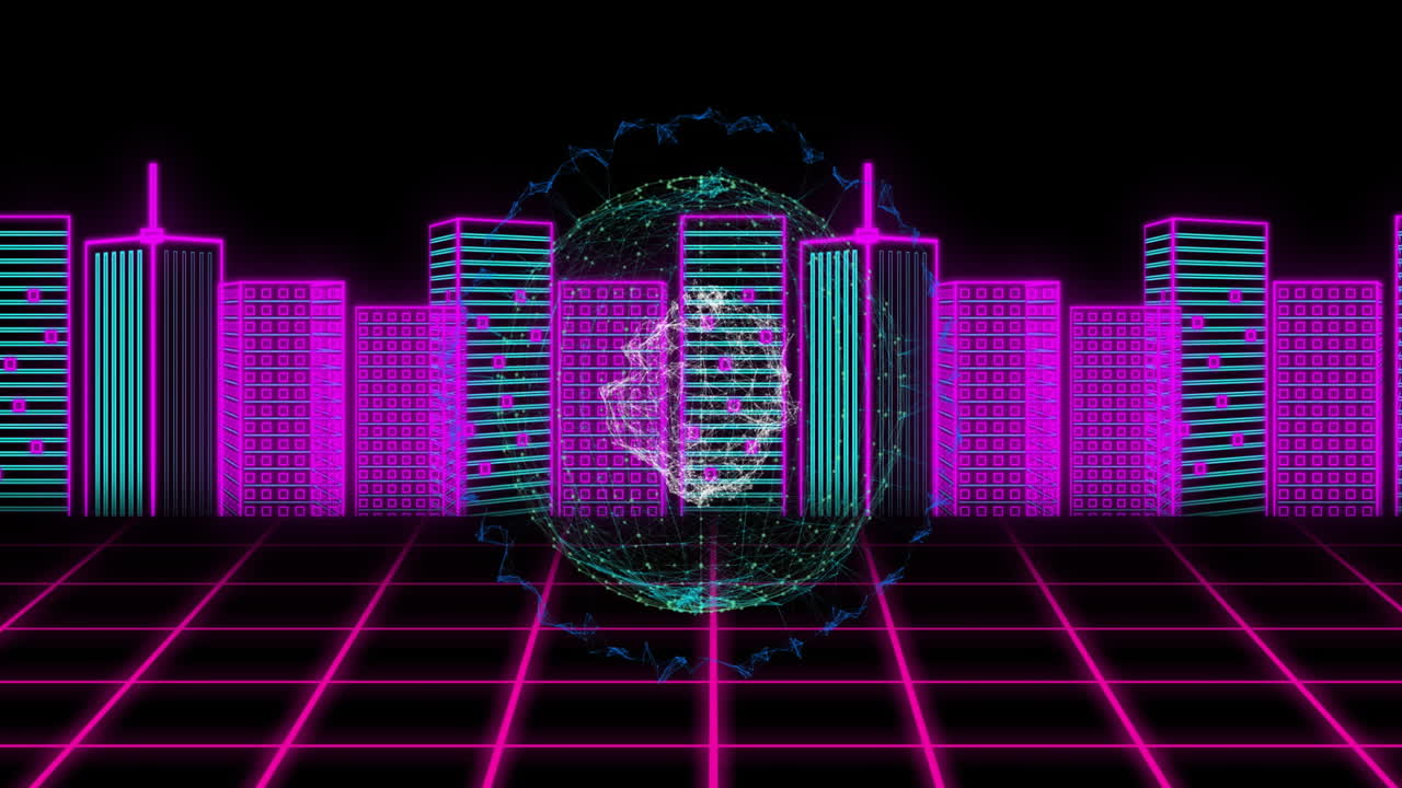 Futuristic neon cityscape with glowing grid and digital sphere animation