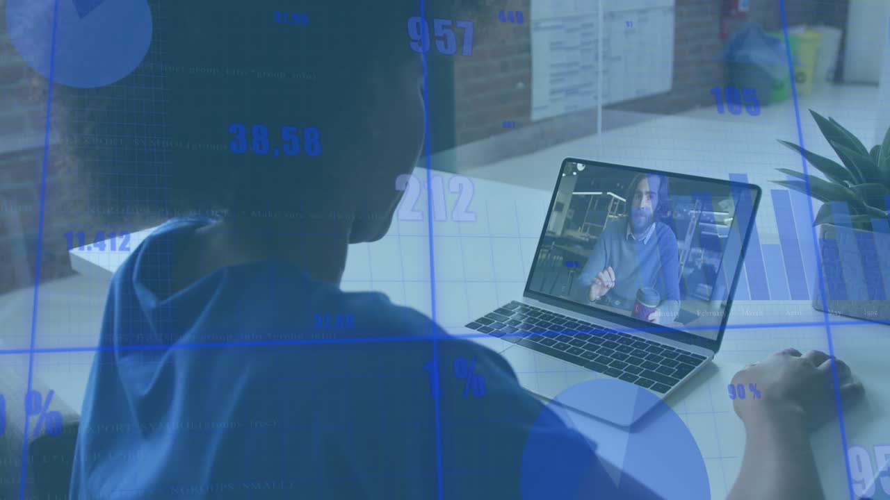 Animation of financial data processing over diverse businesspeople on laptop call