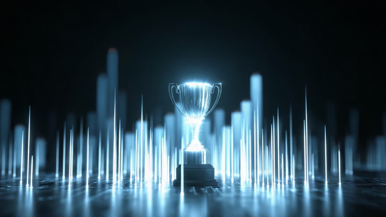Futuristic blue glowing champion trophy cup rotating slowly on a reflective surface surrounded by rising light bars and shimmering particles in a seamless loop, celebrating victory and success