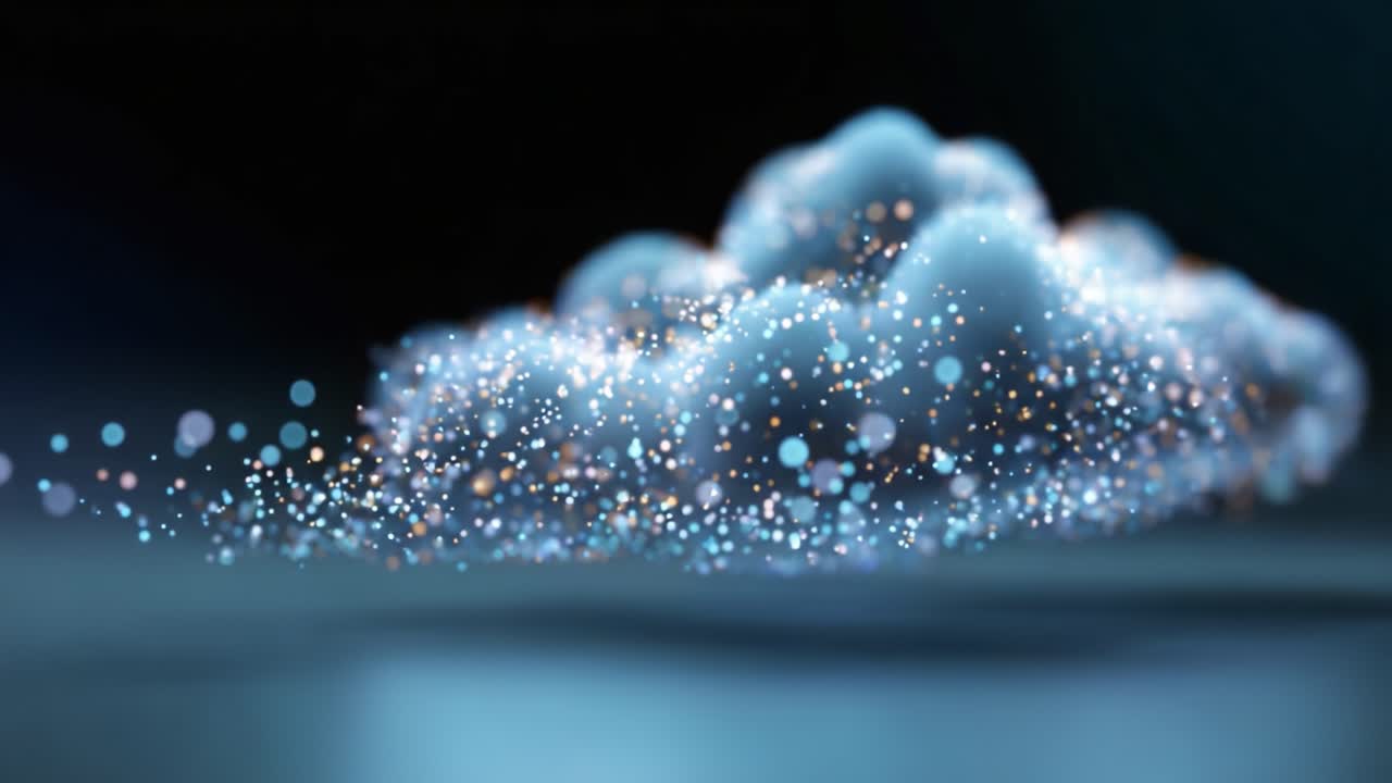 Una nube surreale di particelle scintillanti fluttua elegantemente su uno sfondo scuro, creando un'esperienza visiva ipnotica ed eterea di luce e forma.