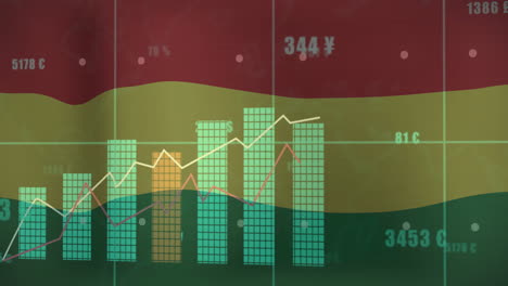 financial data analysis animation over fluctuating bar and line graphs