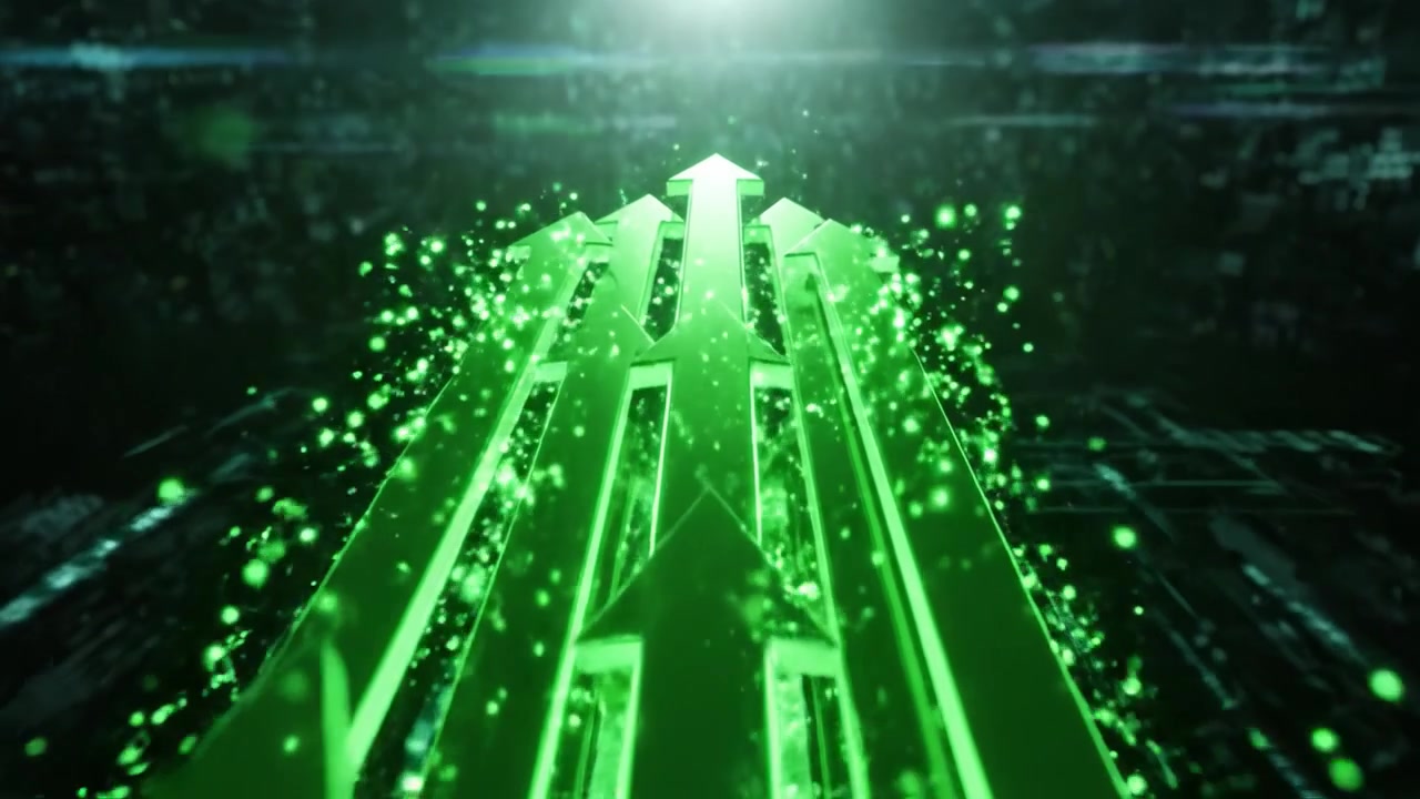 Dynamic Green Arrows Ascending Towards a Bright Light Amidst a Digital Landscape of Glowing Circuits and Abstract Geometry
