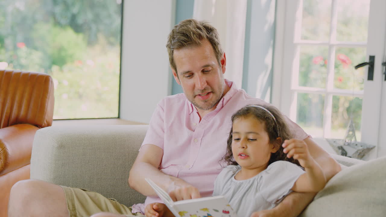 padre e hija sentados en el sofá en casa leyendo un libro juntos
