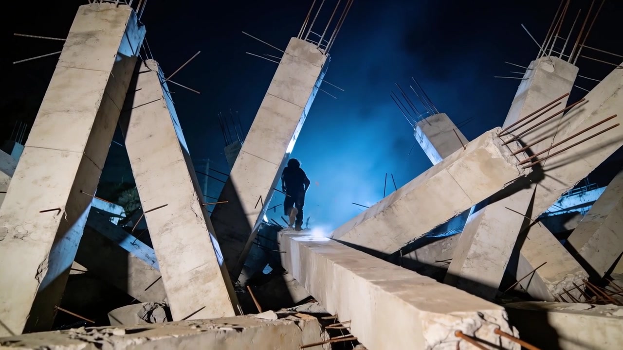 Walking rescuer in dark clothes after collapse balancing on beam at night, searching for survivors
