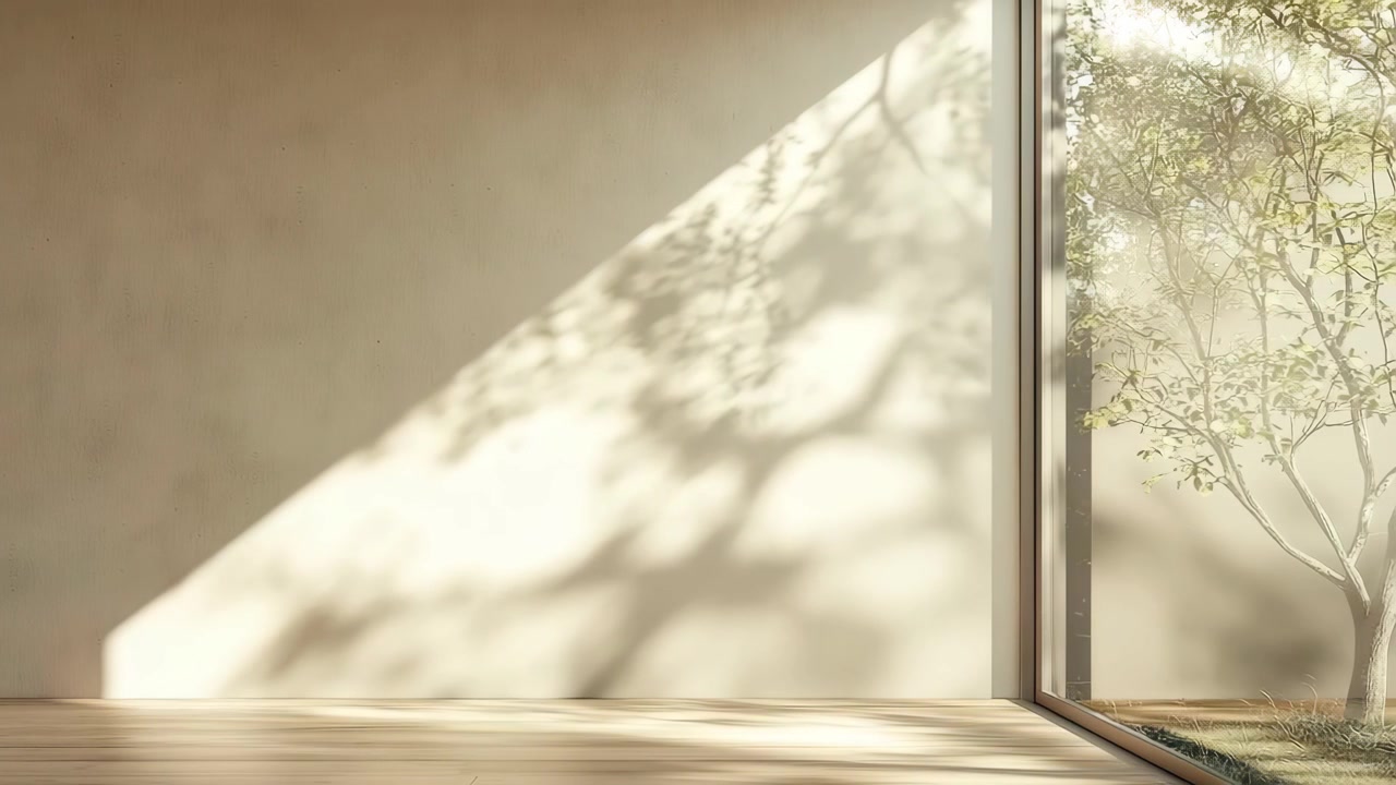 Moving Tree Shadows on a Wall and Wooden Floor in a Minimalist Room