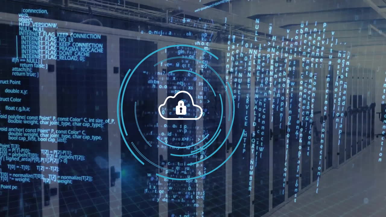 animación del procesamiento de datos y escaneo de alcance con símbolos de seguridad sobre la sala del servidor