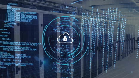 Animation of data processing and scope scanning with security symbols over server room