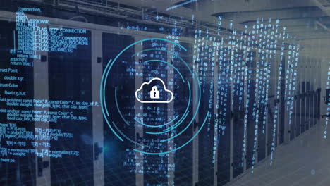 animation of data processing and scope scanning with security symbols over server room