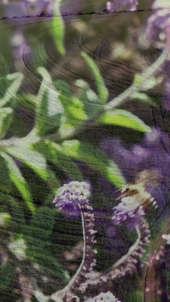 Vertical video: Bee entering from right, landing on curved purple stalk, probing nectar in close-up