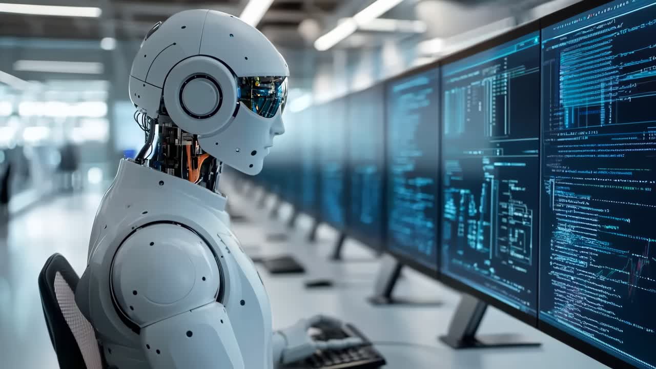 A robot sitting at a desk in front of a computer monitor