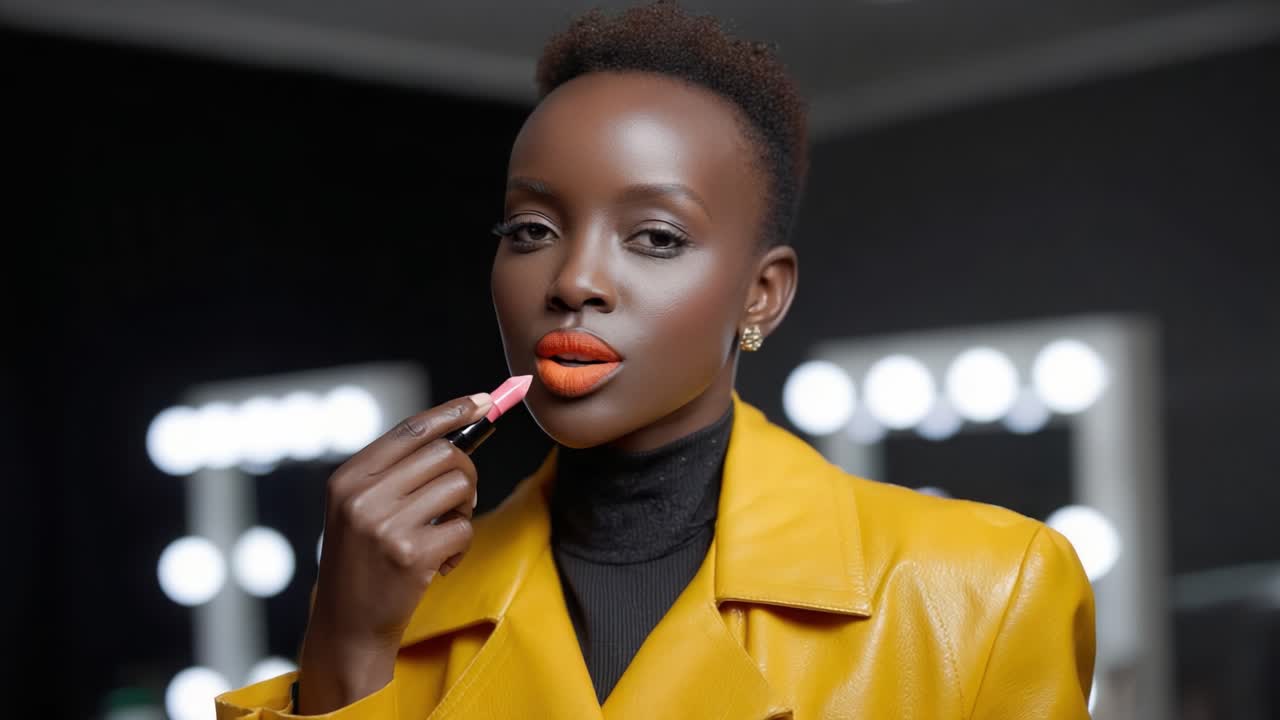 Stunning Model Showcases Vibrant Lip Makeup in Elegant Yellow Jacket with Bold Color Palette in Beauty and Fashion Scene