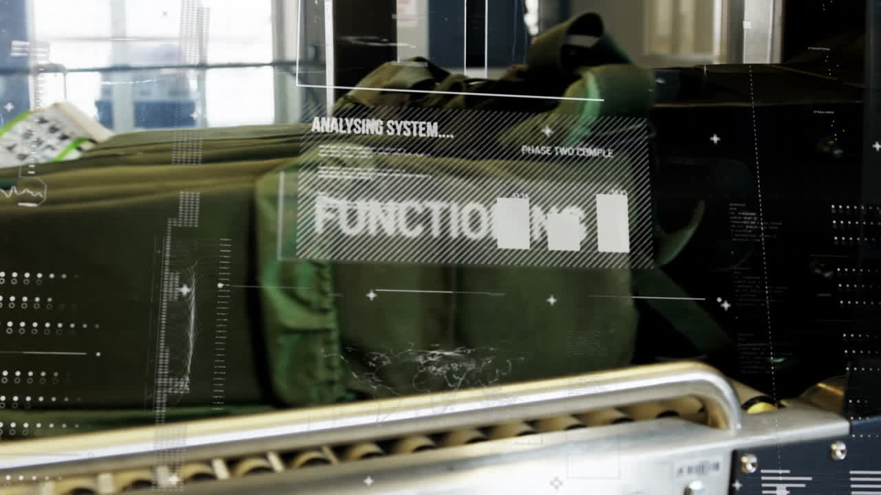 Animation of interface with data processing against luggage on conveyer belt at an airport