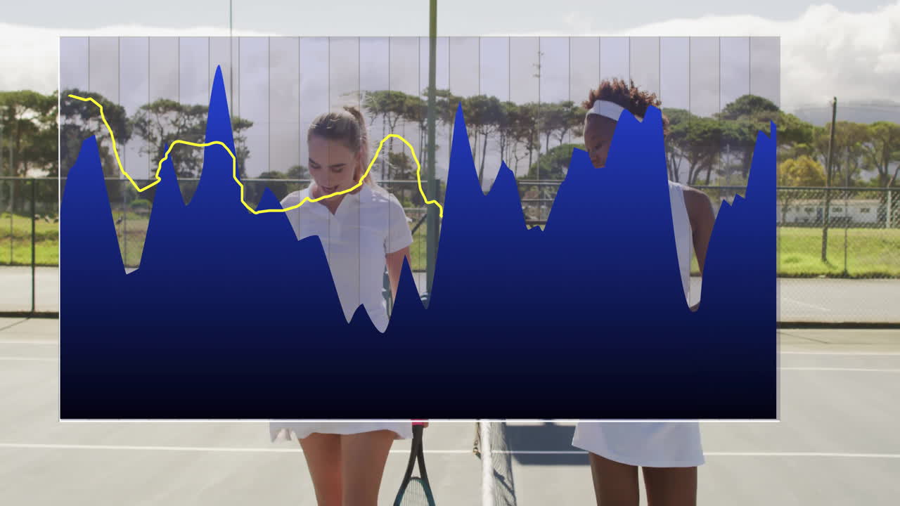 two female tennis players exchanging rally on court, displaying sports analytics overlay