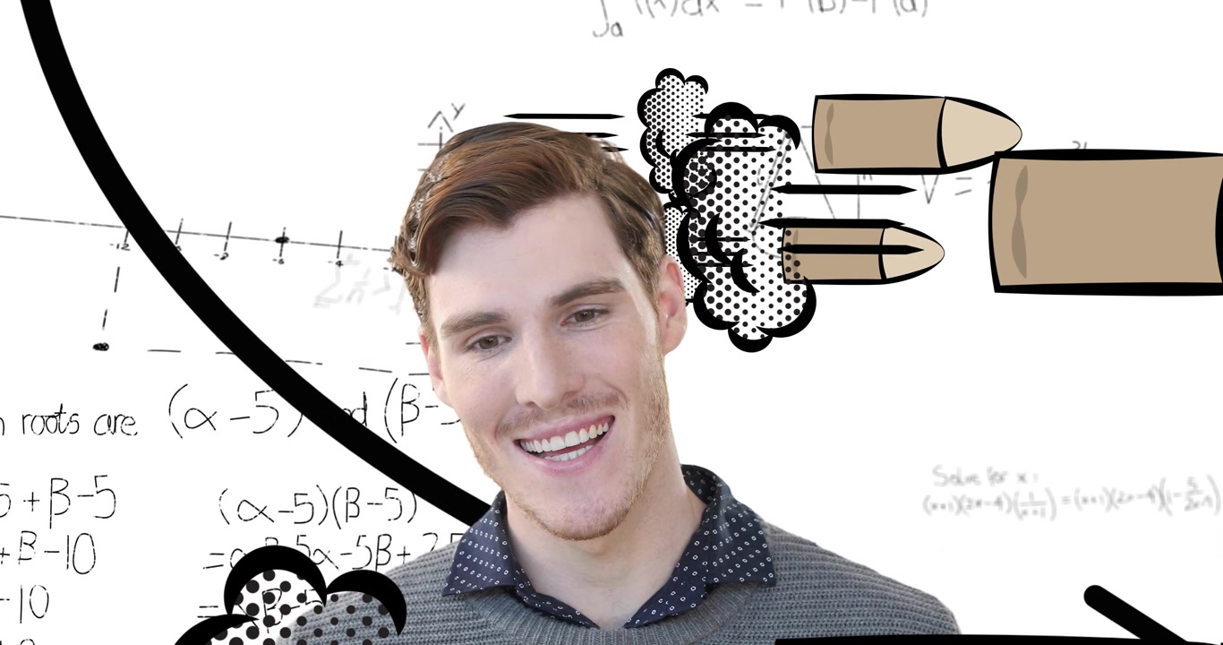 Animation of caucasian businessman talking on white background with graffiti and math symbols