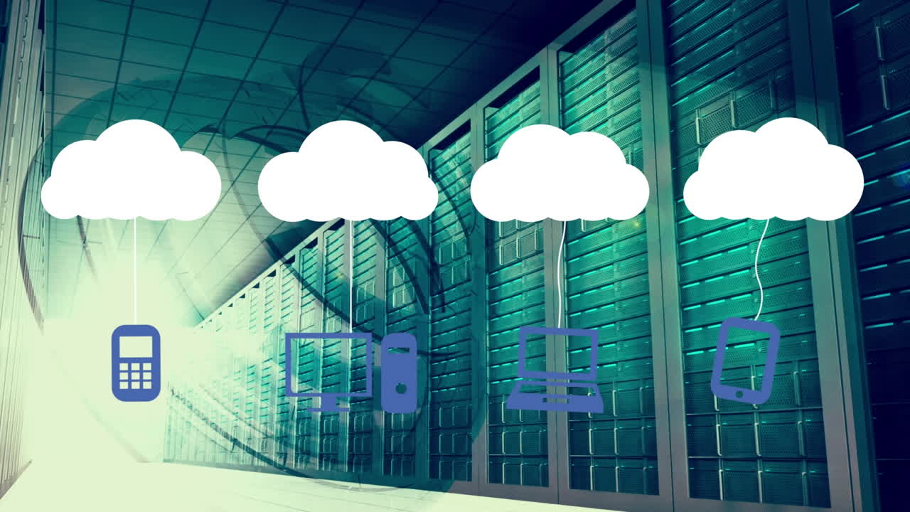 animación de nubes digitales con iconos sobre servidores de computadoras