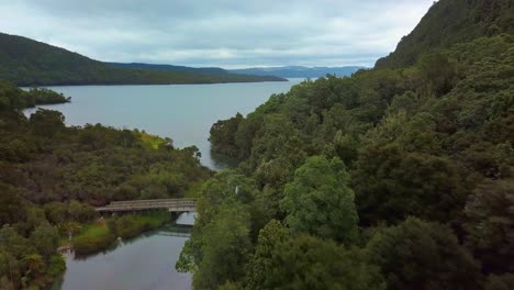 revealing drone shot of lake tarawera outlet in new zealand