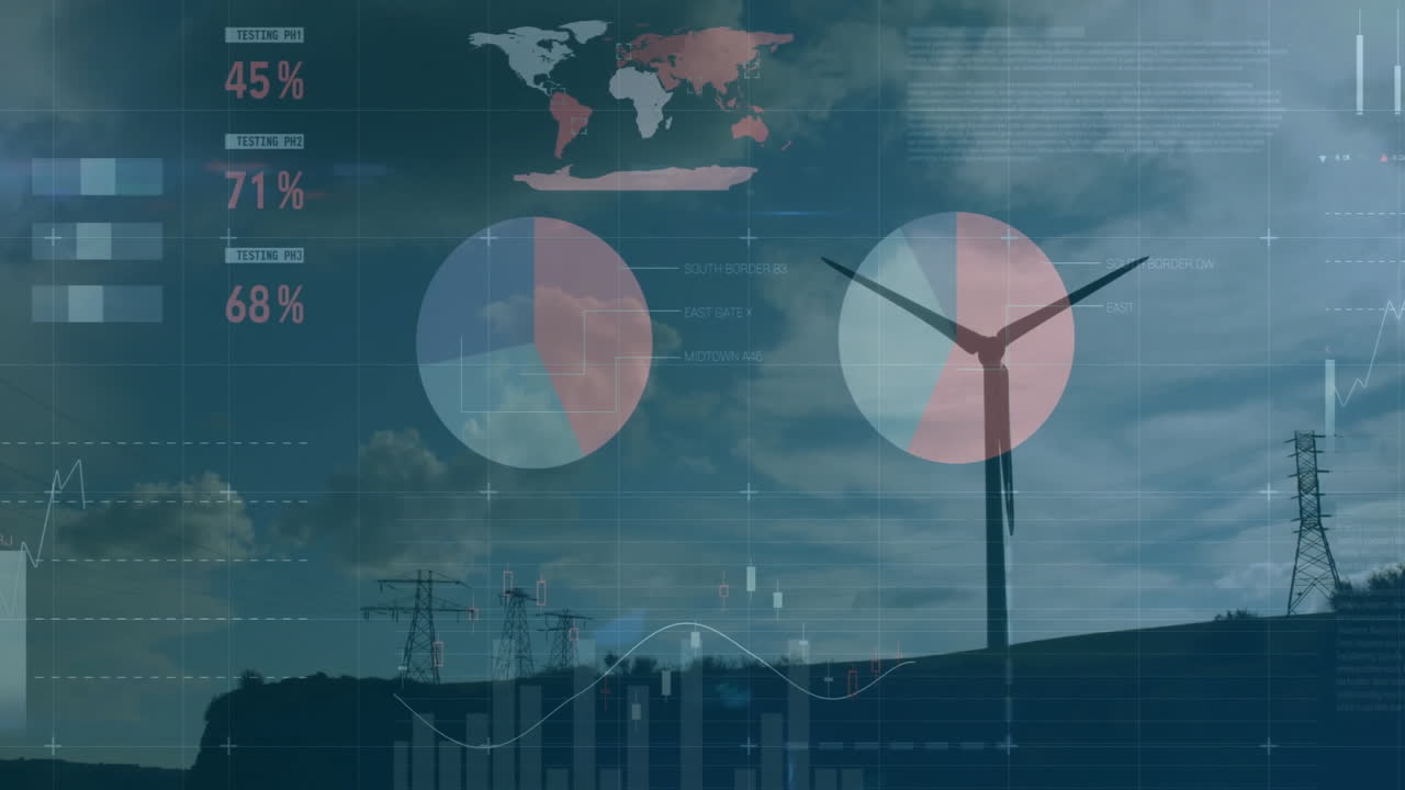 wind turbine silhouette appearing on sloping ridge, with pylons pulsing data charts over world map