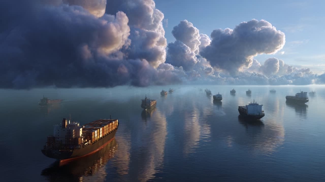 Mañana brumosa sobre un mar en calma. Grandes buques de carga se deslizan silenciosamente. Las nubes se reflejan perfectamente en la superficie del agua. Atmósfera pacífica y serena. Perfecto para viajes, logística o la industria marítima.