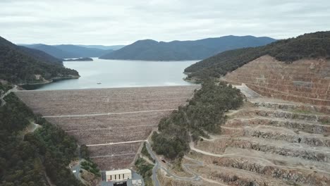 Aerial footage of the Dartmouth Dam wall and spillway, Victoria, Australia. November 2021.