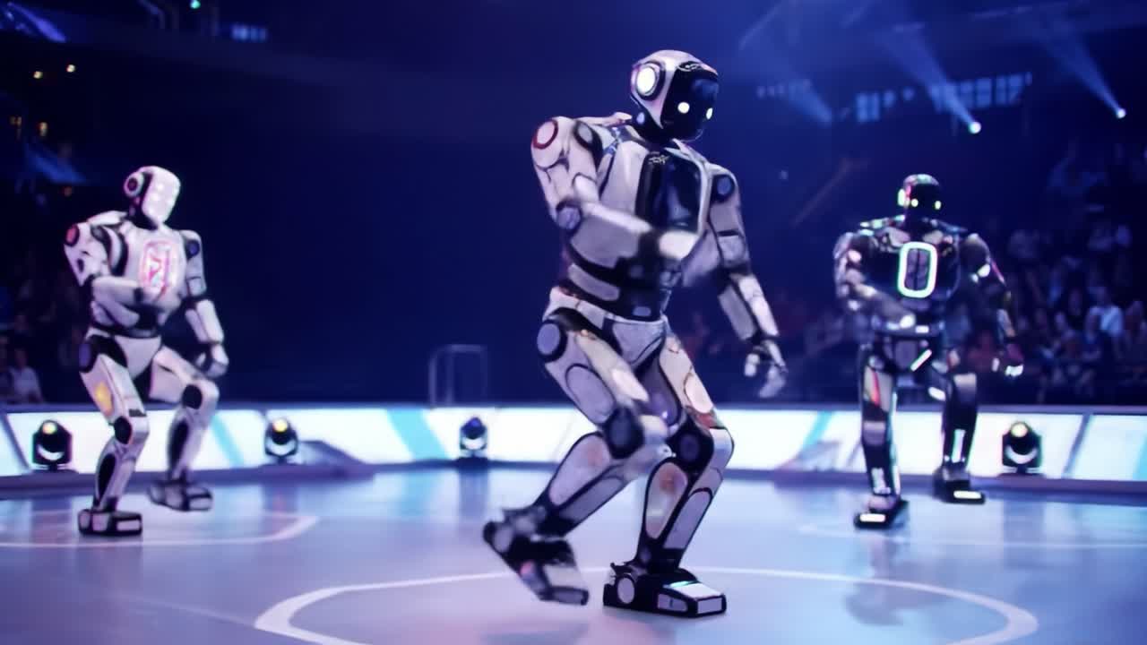 In an advanced arena, humanoid robots showcase their dancing skills, captivating the audience with synchronized movements and dynamic performances. The event highlights robotic innovation.