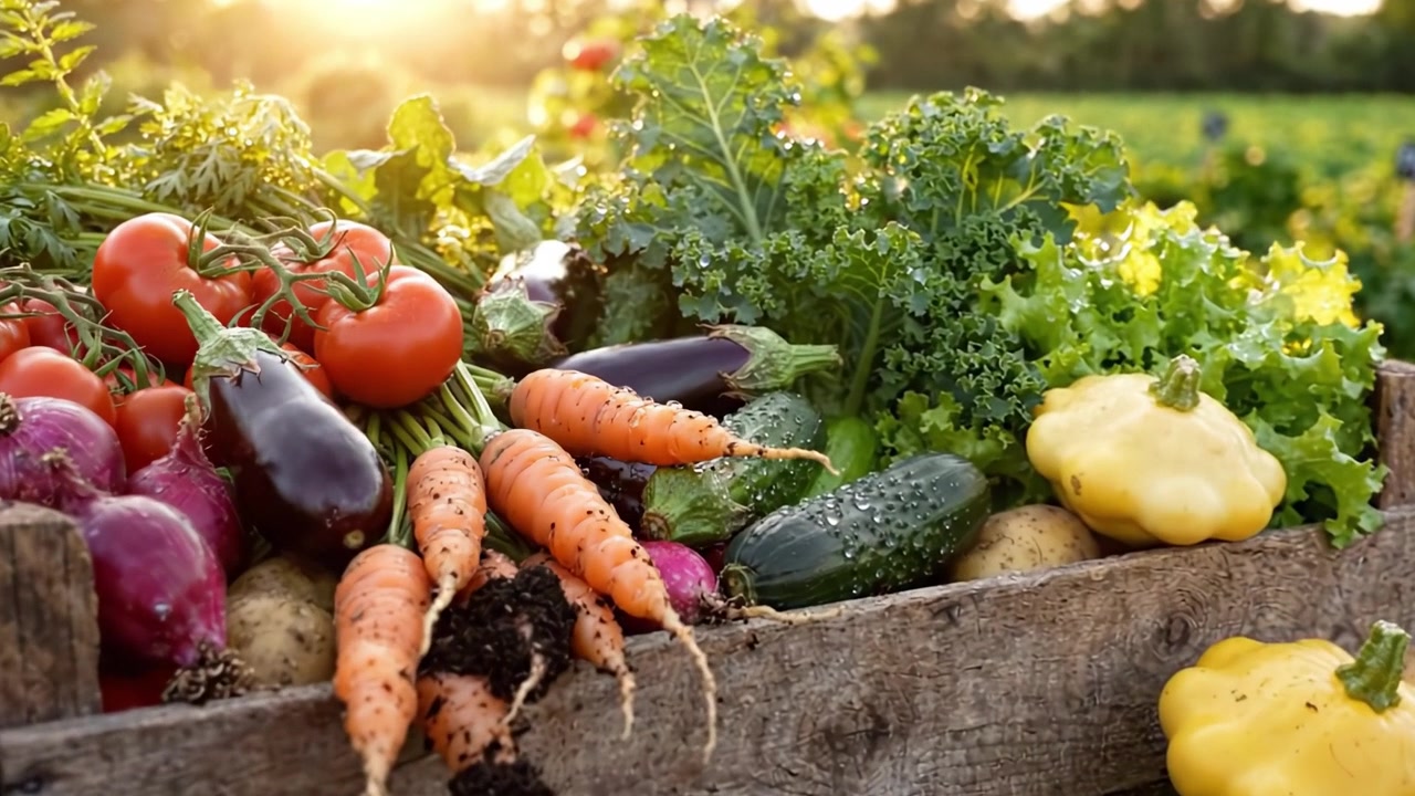 Una Cosecha Abundante: Verduras Vibrantes Recolectadas en una Caja de Madera Rústica con Productos Frescos Bañados por la Luz Dorada del Sol